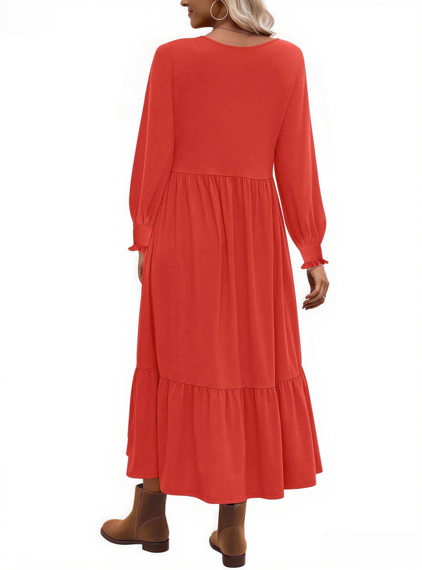 Fall Long Dress for Women Crewneck Casual Long Sleeve Pleated Dresses with Pockets