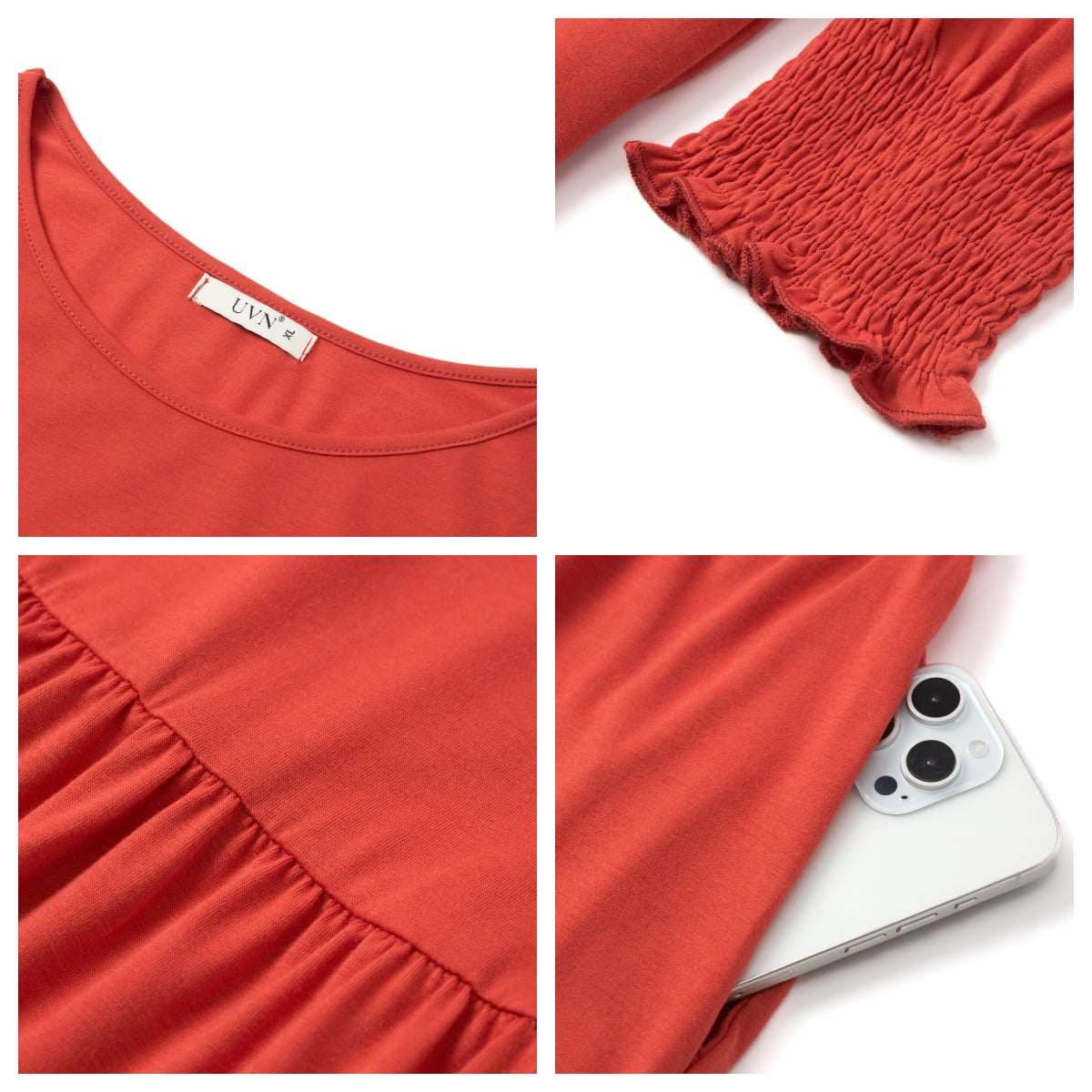 Fall Long Dress for Women Crewneck Casual Long Sleeve Pleated Dresses with Pockets