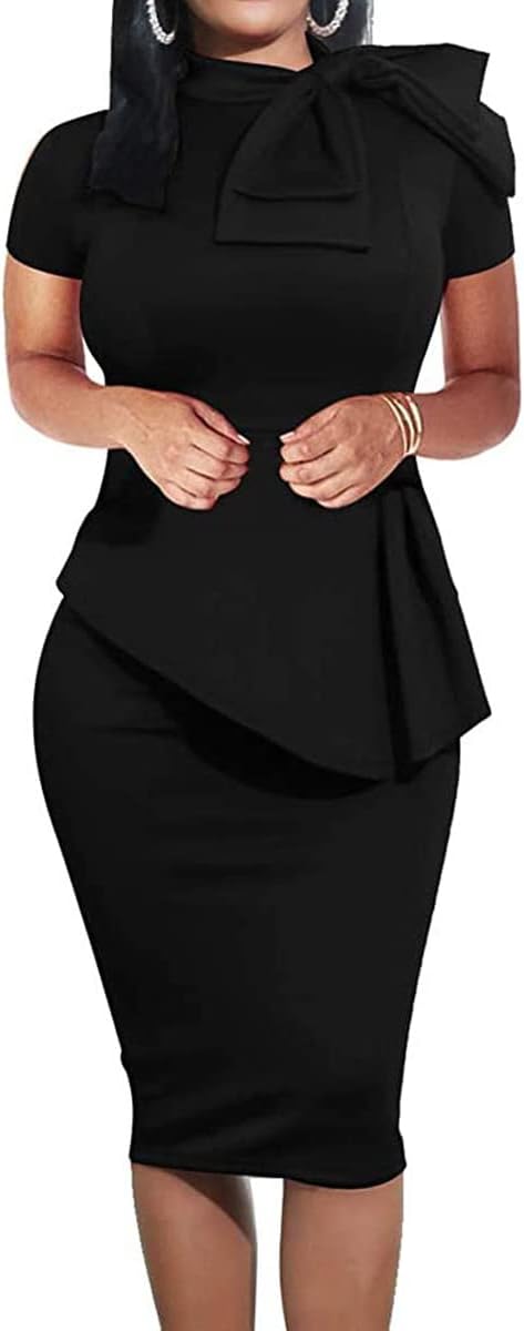 Women'S Fashion Peplum Bodycon Dresses Short Sleeve Bow Club Ruffle Pencil Party Dress