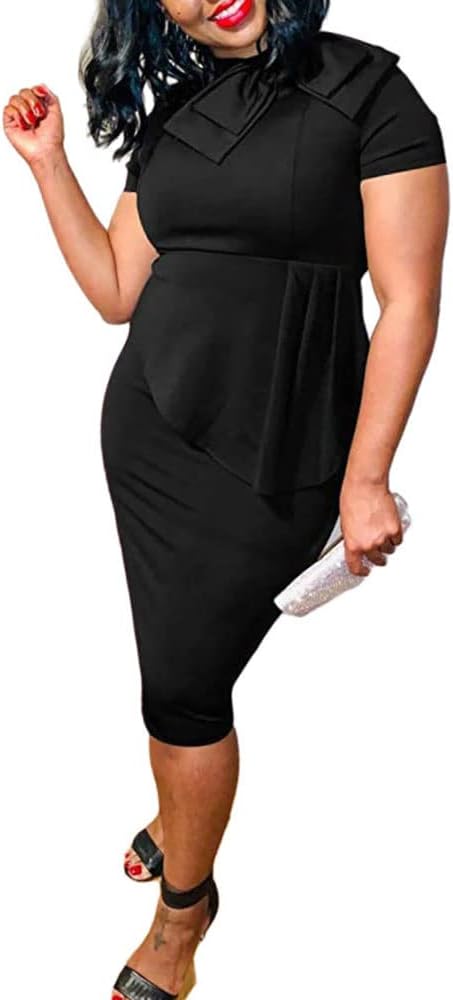 Women'S Fashion Peplum Bodycon Dresses Short Sleeve Bow Club Ruffle Pencil Party Dress
