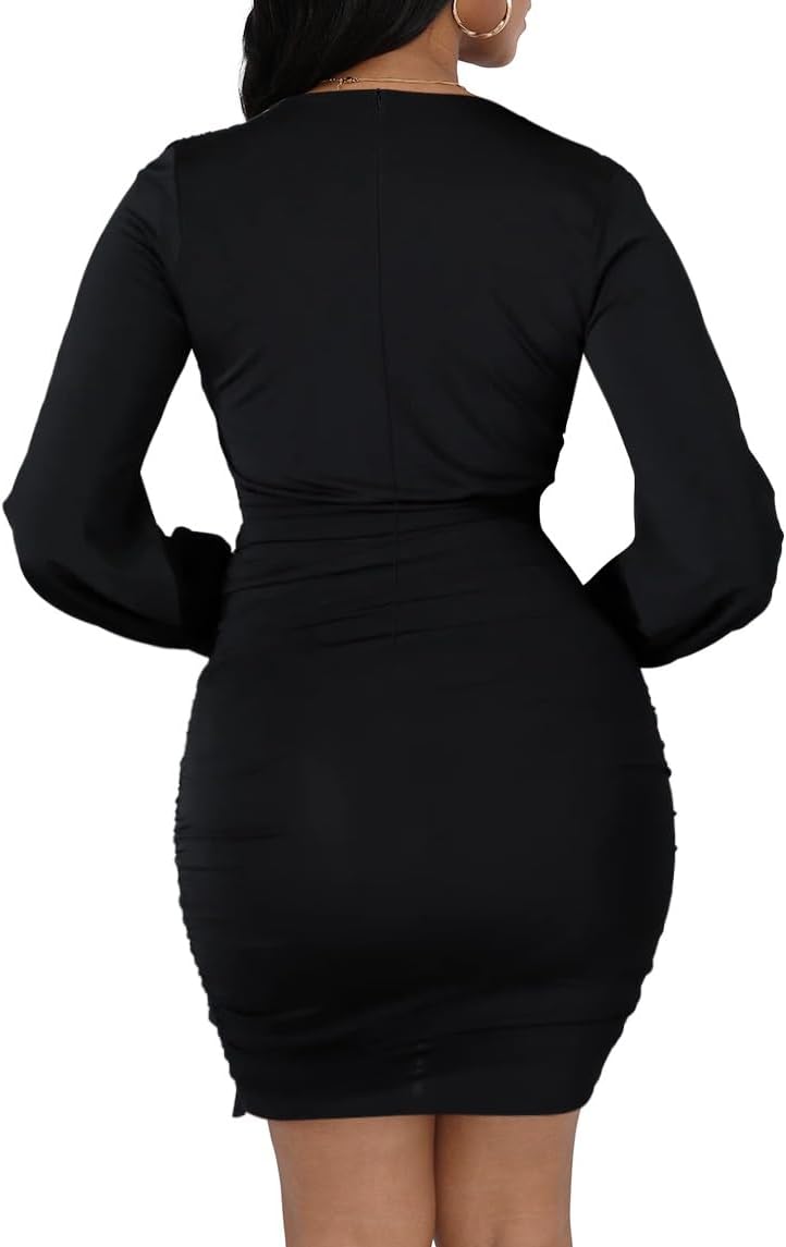 Chic Black Long Sleeve Bodycon V Neck Dress for Women - Perfect Church & Evening Wear