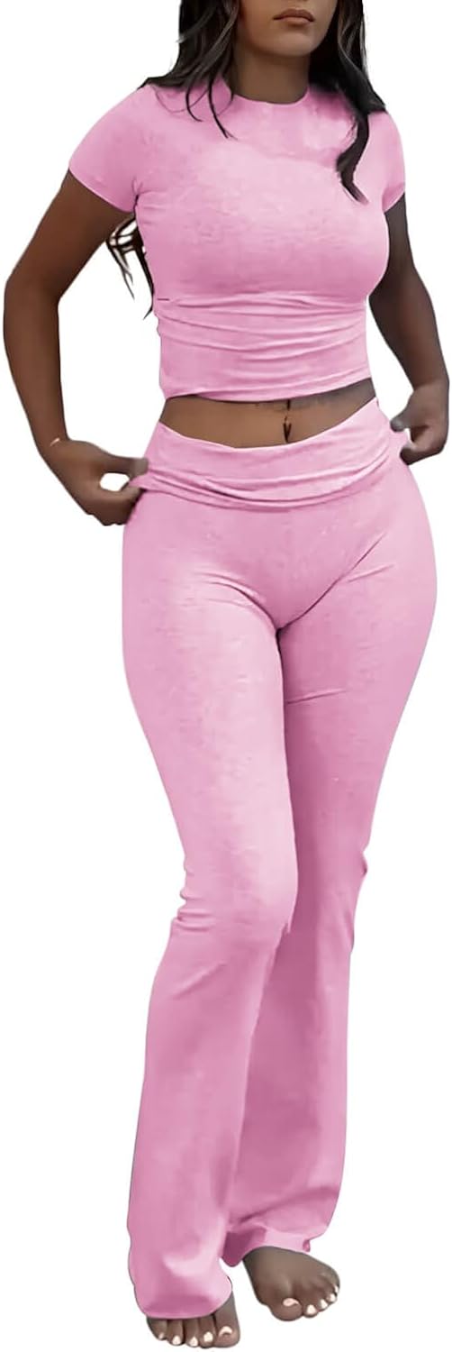 Casual Workout Two Piece Outfits for Women Short Sleeve Crop High Waist Foldover Flare Pants Tracksuit Sets Streetwear