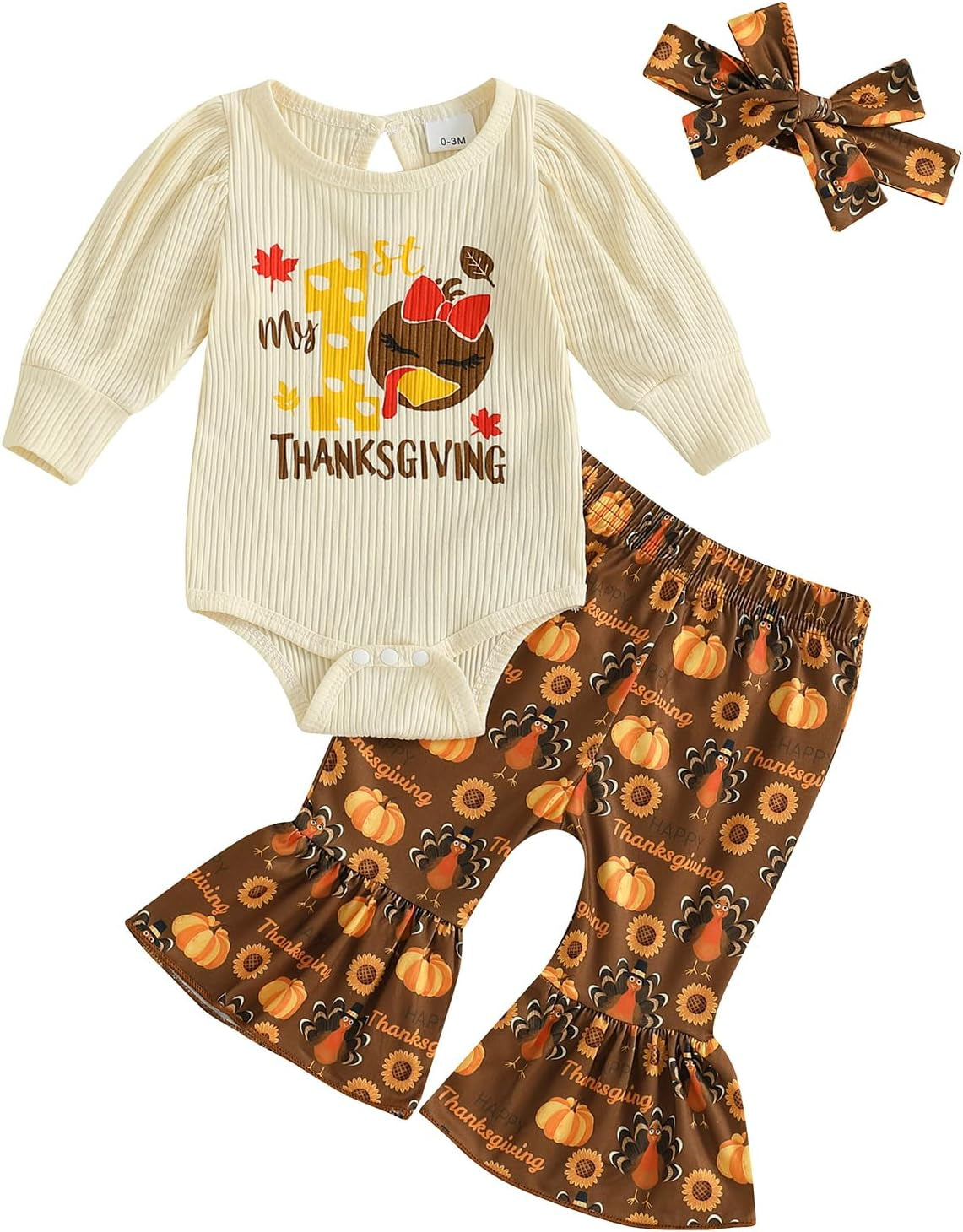 Thanksgiving Baby Girl Outfit My First/1St Little Turkey Romper Onesie Bell Bottoms Pants Fall Winter Clothes