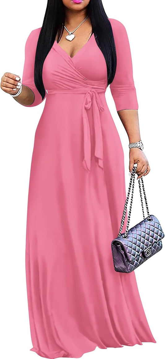 Women'S 2025 Maxi Dress - Solid Color Bohemian Summer Long Maxi Dress V-Neck 3/4 Sleeve