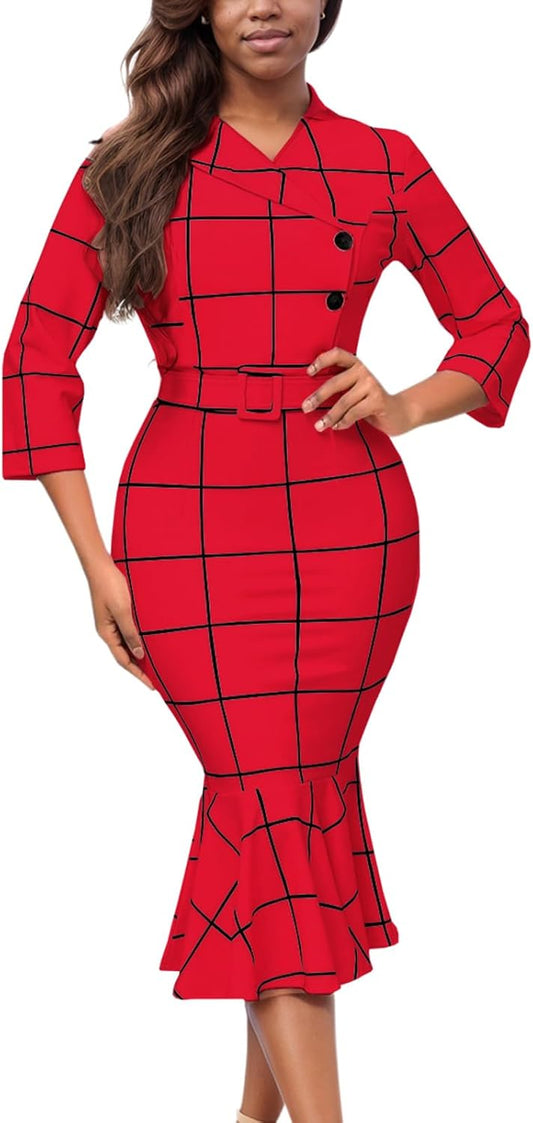 Women'S Church Dress Formal Long Sleeve Vintage Ruffle Wrap Work Midi Pencil Dresses