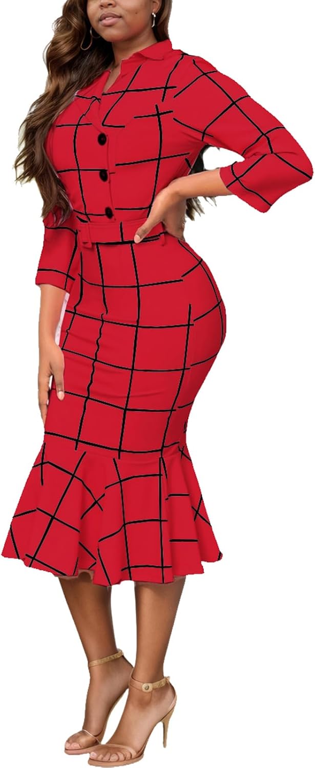Women'S Church Dress Formal Long Sleeve Vintage Ruffle Wrap Work Midi Pencil Dresses