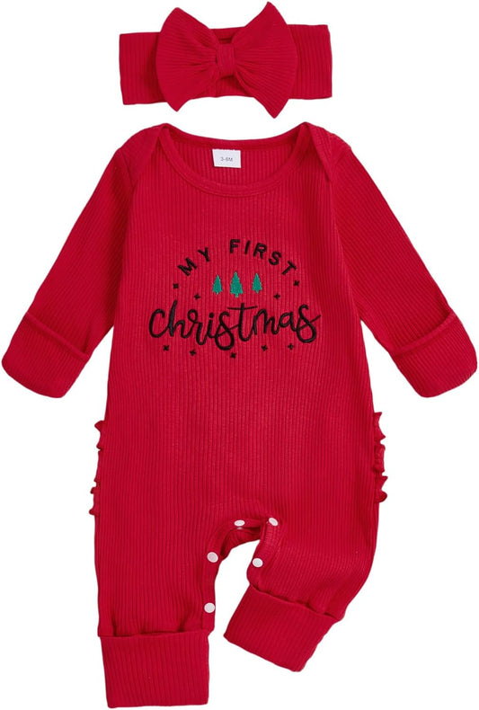 My First Christmas Baby Girl Outfit Cute Santa Romper Long Sleeve Onesie Jumpsuit Infant Newborn Outfits Clothes