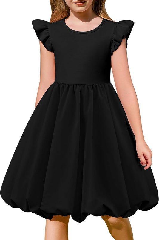 Tween Girls Summer Bubble Dress Ruffle Sleeve Casual Party Midi Dresses