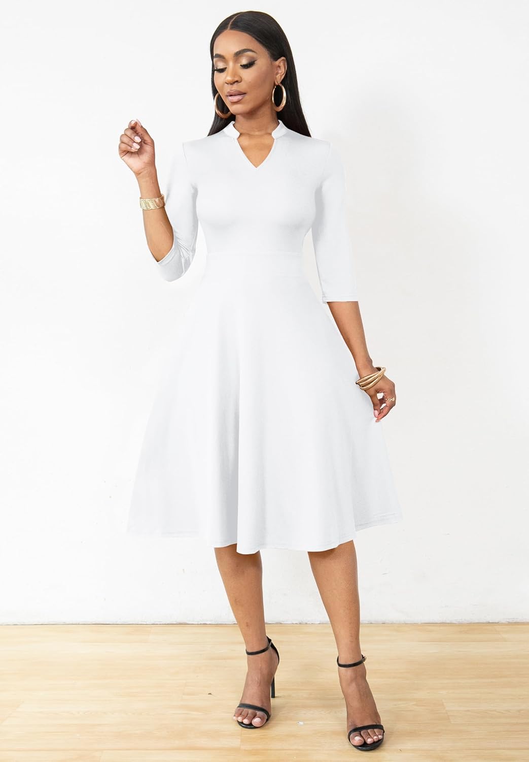Church Dresses for Women, Casual 3/4 Sleeve A-Line Fit and Flare Dresses V Neck