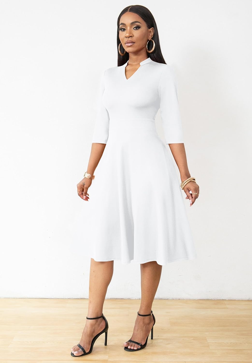 Church Dresses for Women, Casual 3/4 Sleeve A-Line Fit and Flare Dresses V Neck