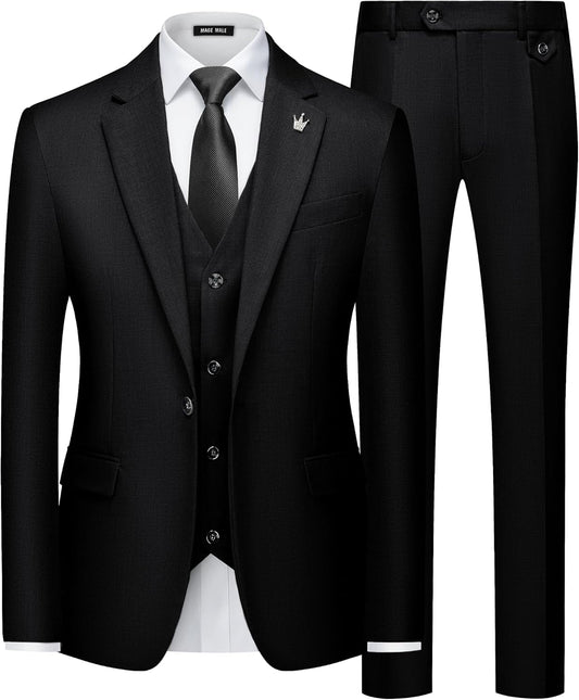 Mens Suits Slim Fit 3 Piece Tuxedo Suit One Button Solid Prom Wedding Party Blazer Vest Pants Set with Tie