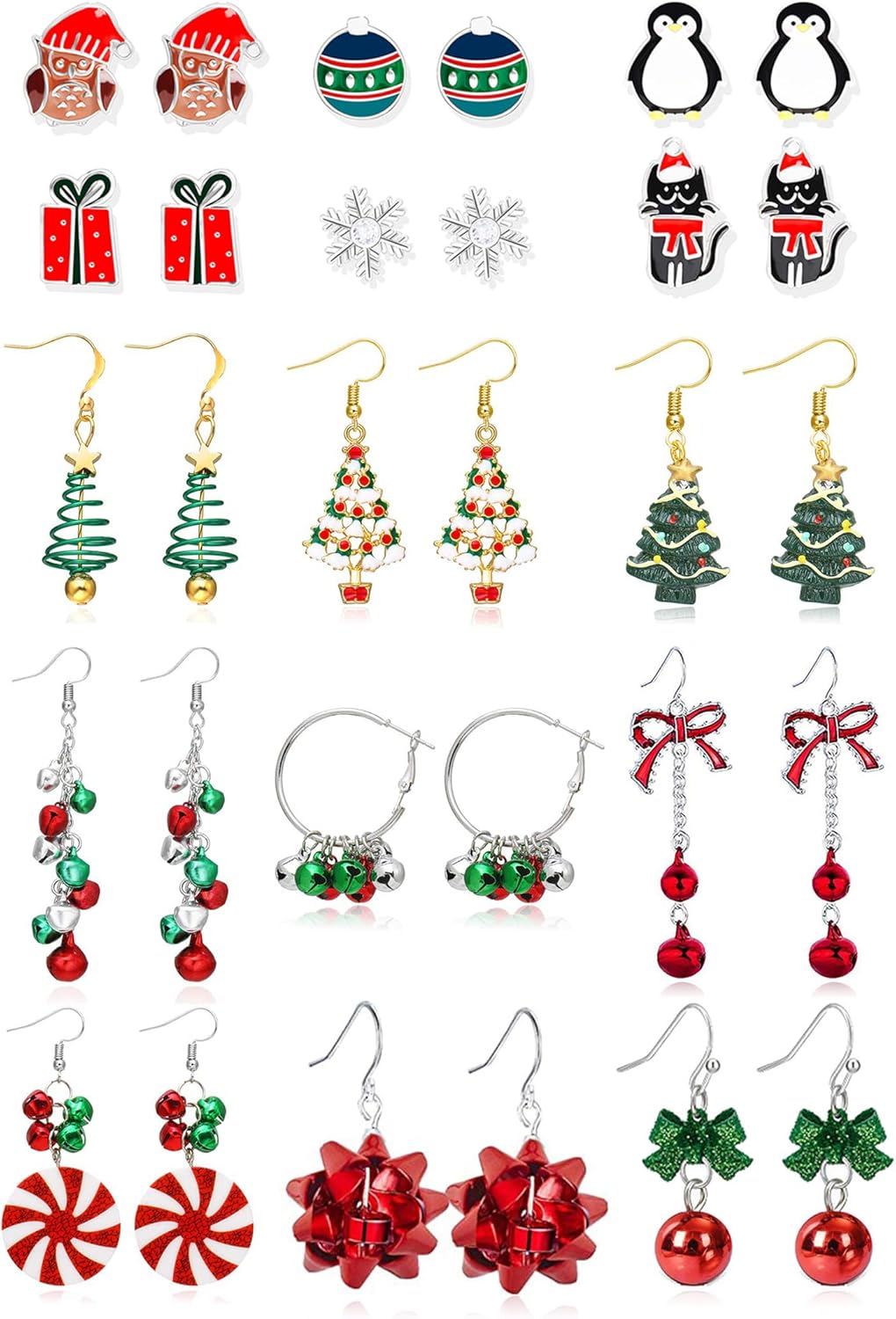 Charming Christmas Earrings Set for Women - Delightful Stocking Stuffers with Festive Bow, Bell, Tree, and Snowflake Dangles for Your Holiday Jewelry Collection!