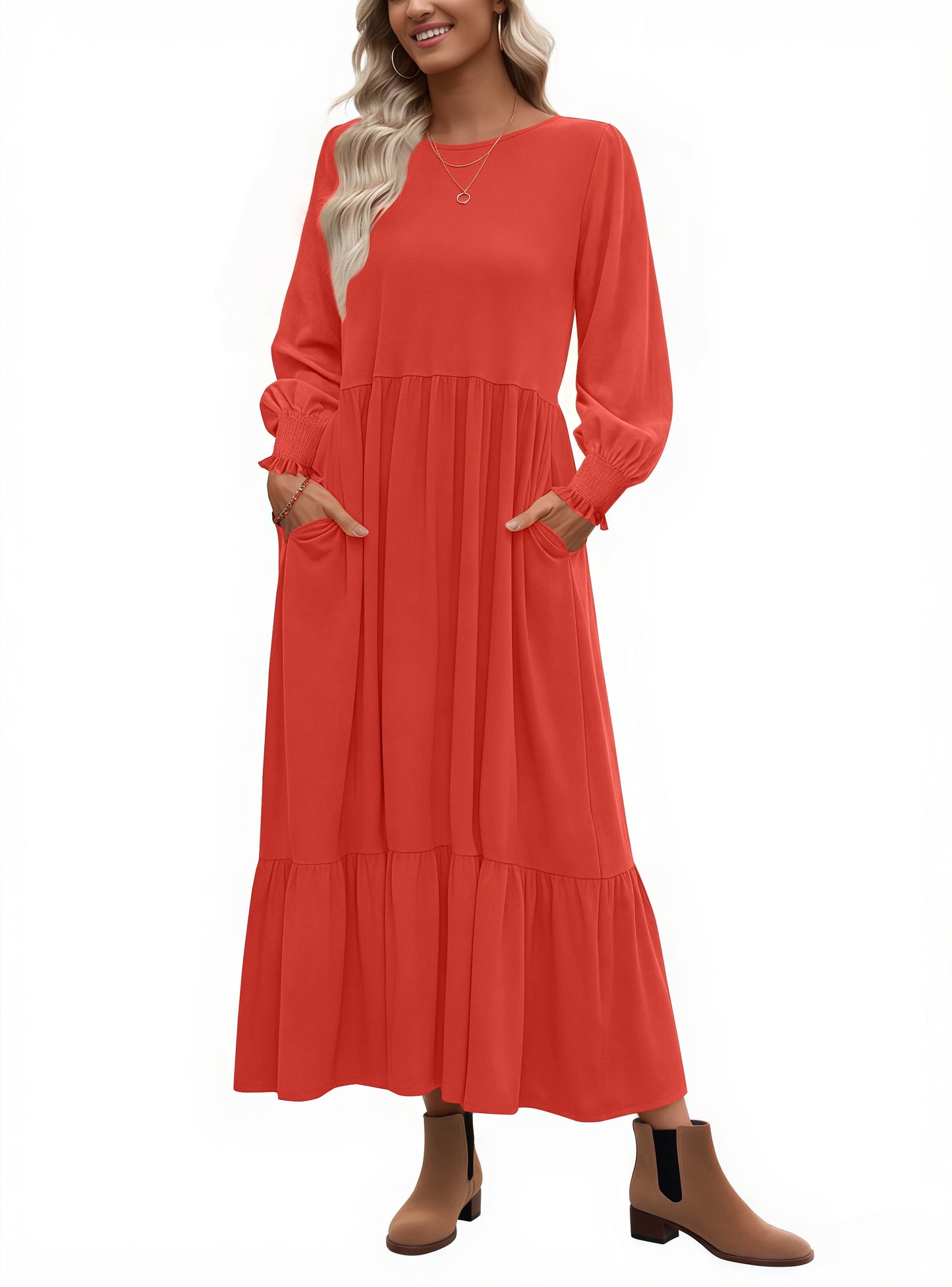 Fall Long Dress for Women Crewneck Casual Long Sleeve Pleated Dresses with Pockets