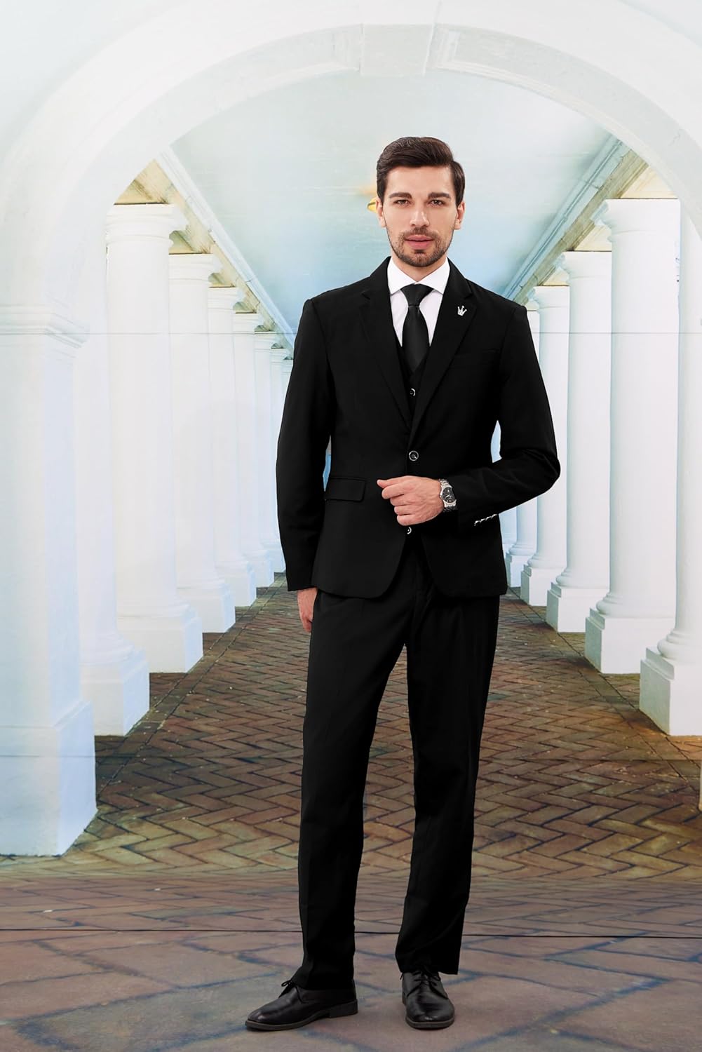 Mens Suits Slim Fit 3 Piece Tuxedo Suit One Button Solid Prom Wedding Party Blazer Vest Pants Set with Tie