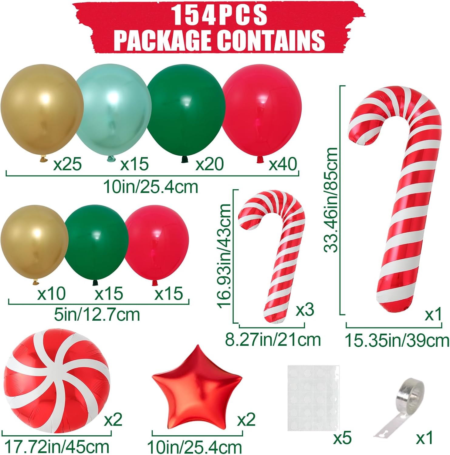 Ultimate Christmas Balloon Arch Kit - Festive 150-Piece Red, Green & Gold Garland with Candy Cane & Star Balloons for Unforgettable Holiday Celebrations!