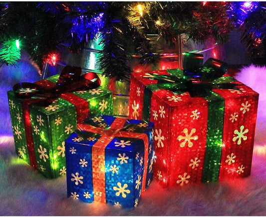 Festive Set of 3 Illuminated Christmas Gift Boxes - Red, Green & Blue Holiday Decor
