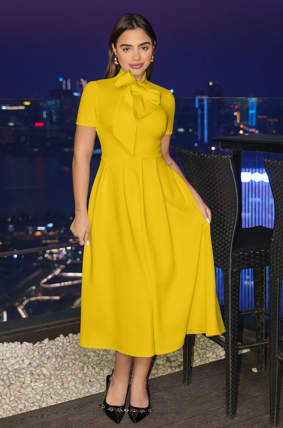 Women'S Elegant Casual Short Sleeve Work Party A-Line Dress with Pockets