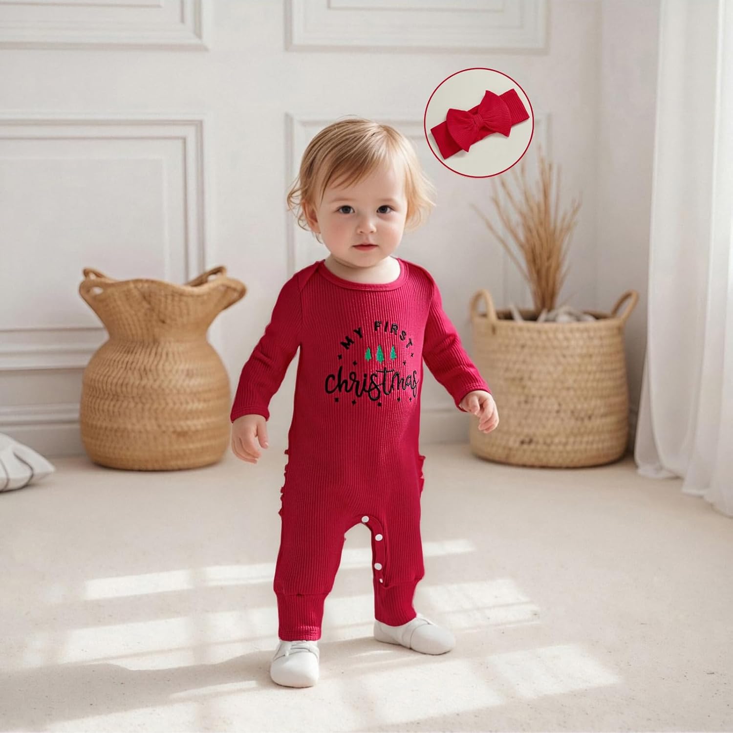 My First Christmas Baby Girl Outfit Cute Santa Romper Long Sleeve Onesie Jumpsuit Infant Newborn Outfits Clothes