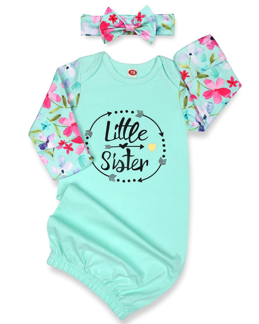 Baby Gown 0-6 Months Newborn, Super Soft Breathable Baby Nightgowns, Little Sister Nightgowns Coming Home Infant Gown with Headband Set Mint Green