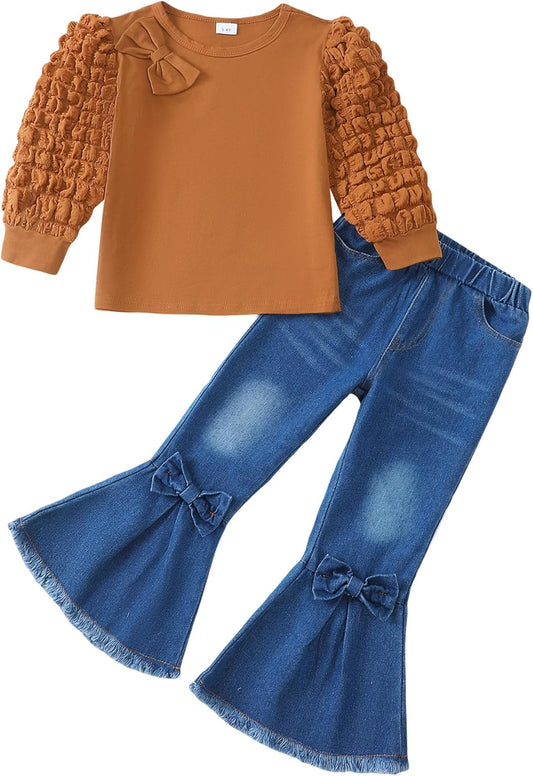 Toddler Girl Clothes Cute Kids Clothes Long Sleeve T Shirts Top Bell Bottom Denim Jeans Pants Matching Outfits