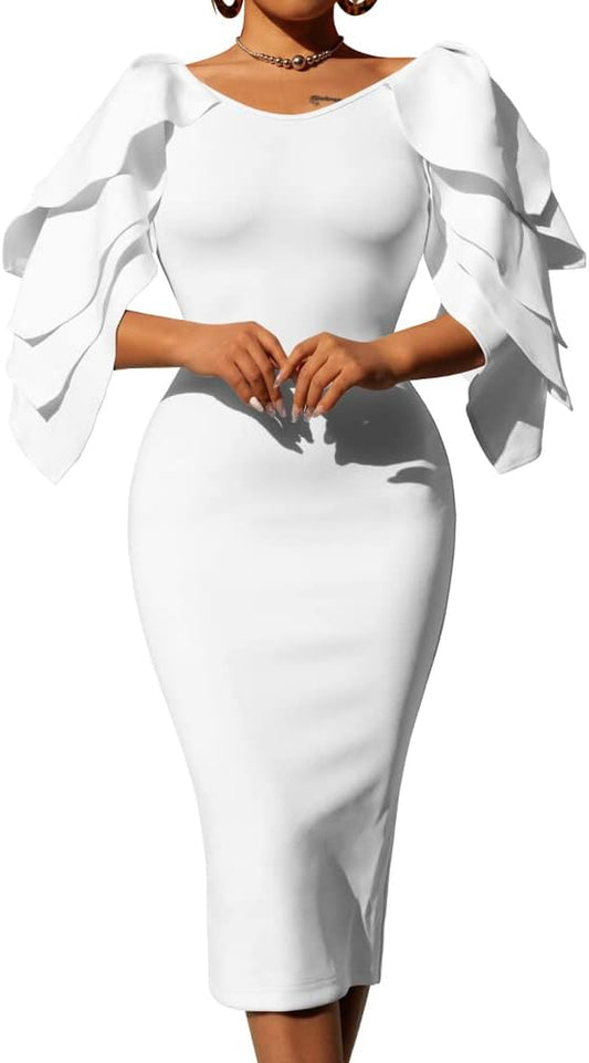 Chic Off-the-Shoulder Ruffle Midi Cocktail Dress for Effortless Elegance