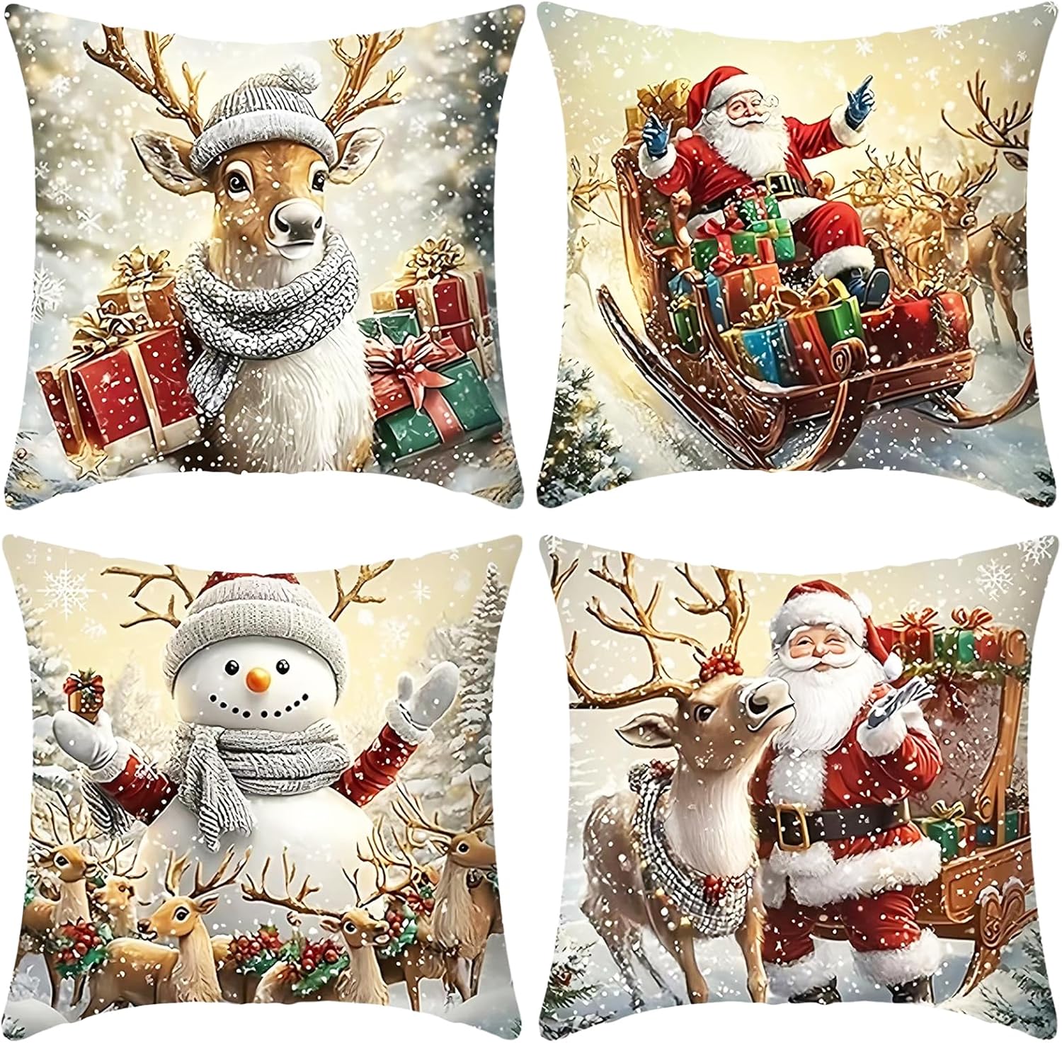 Transform Your Home This Holiday Season with Our Festive 18x18 Inch Christmas Pillow Covers - 4 Pack Featuring Cheerful Snowman, Santa, and Truck Designs for a Cozy Winter Wonderland