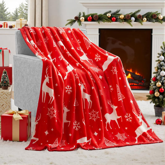 Snuggle Up This Winter with Our Luxurious Red Reindeer Christmas Throw Blanket - Soft Flannel, Perfect for Cozy Nights on the Couch or Gifting!