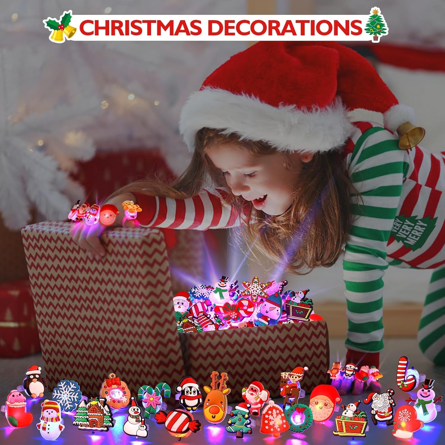 Christmas Stocking Stuffers for Kids - 50 Pcs LED Light Up Rings Party Favors That Glow in the Dark - Perfect Goodie Bag Fillers for Christmas Celebrations