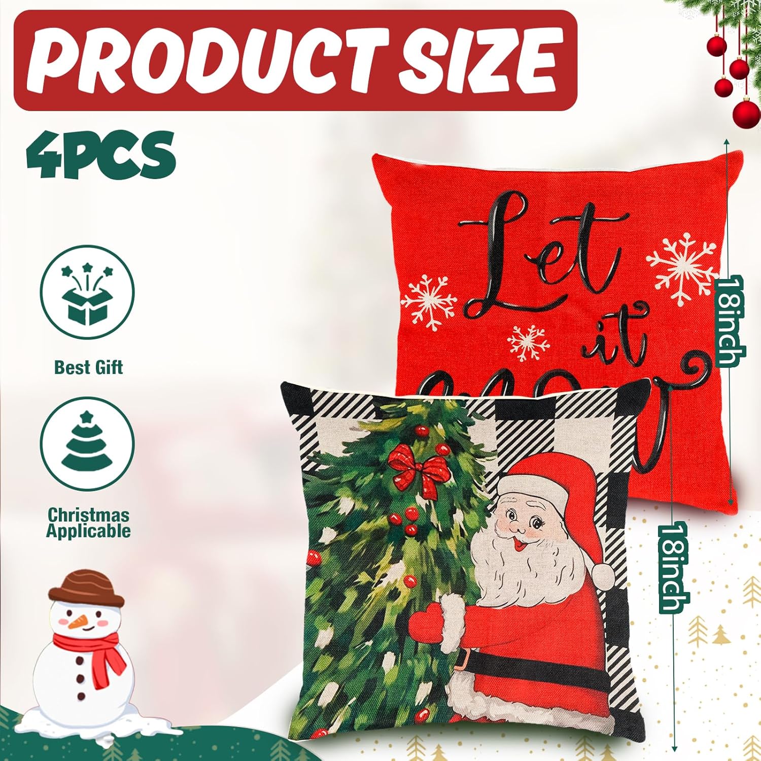 Transform Your Home This Holiday Season with Our Festive 18x18 Inch Christmas Pillow Covers - 4 Pack Featuring Cheerful Snowman, Santa, and Truck Designs for a Cozy Winter Wonderland