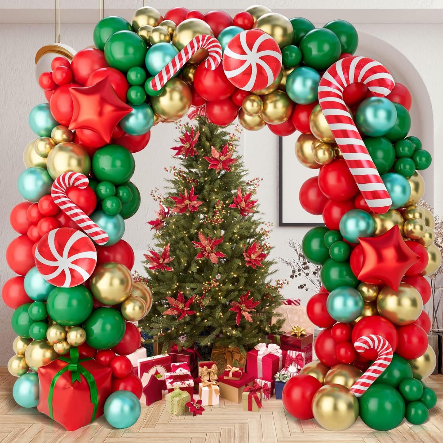 Ultimate Christmas Balloon Arch Kit - Festive 150-Piece Red, Green & Gold Garland with Candy Cane & Star Balloons for Unforgettable Holiday Celebrations!