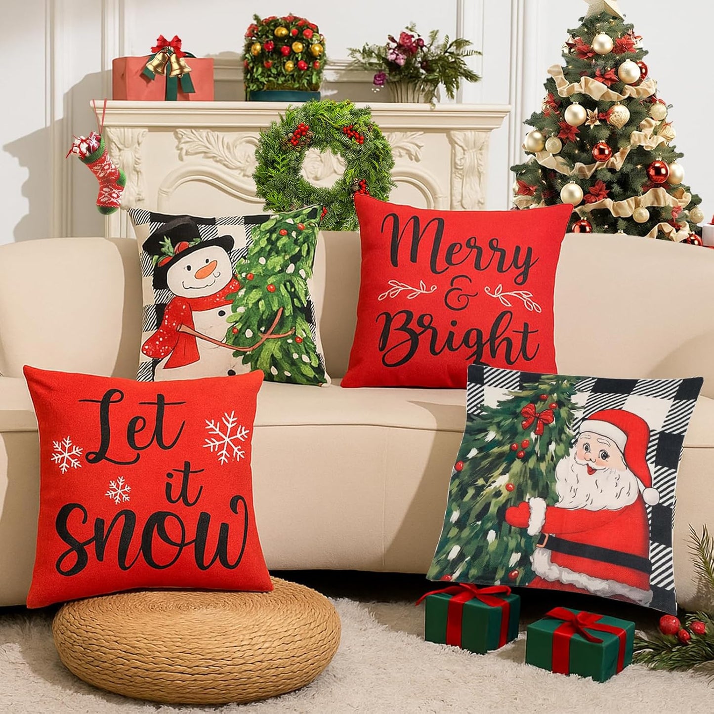 Transform Your Home This Holiday Season with Our Festive 18x18 Inch Christmas Pillow Covers - 4 Pack Featuring Cheerful Snowman, Santa, and Truck Designs for a Cozy Winter Wonderland