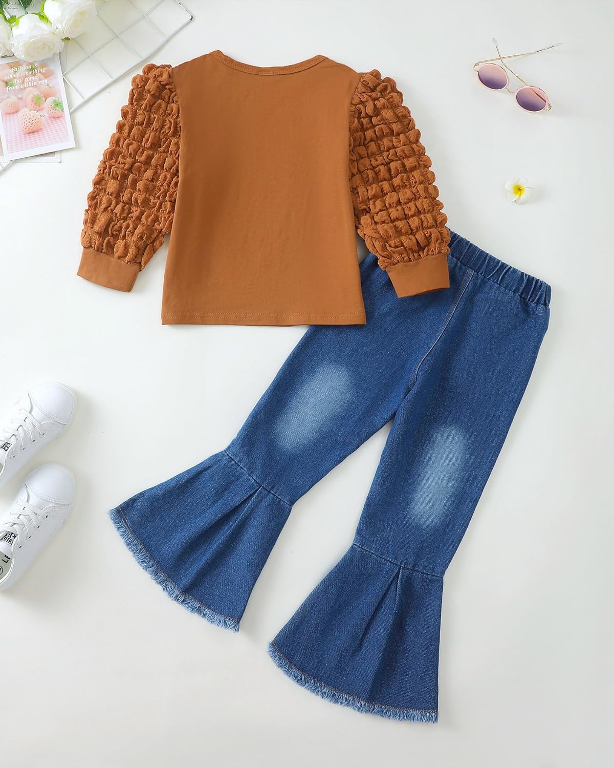 Toddler Girl Clothes Cute Kids Clothes Long Sleeve T Shirts Top Bell Bottom Denim Jeans Pants Matching Outfits