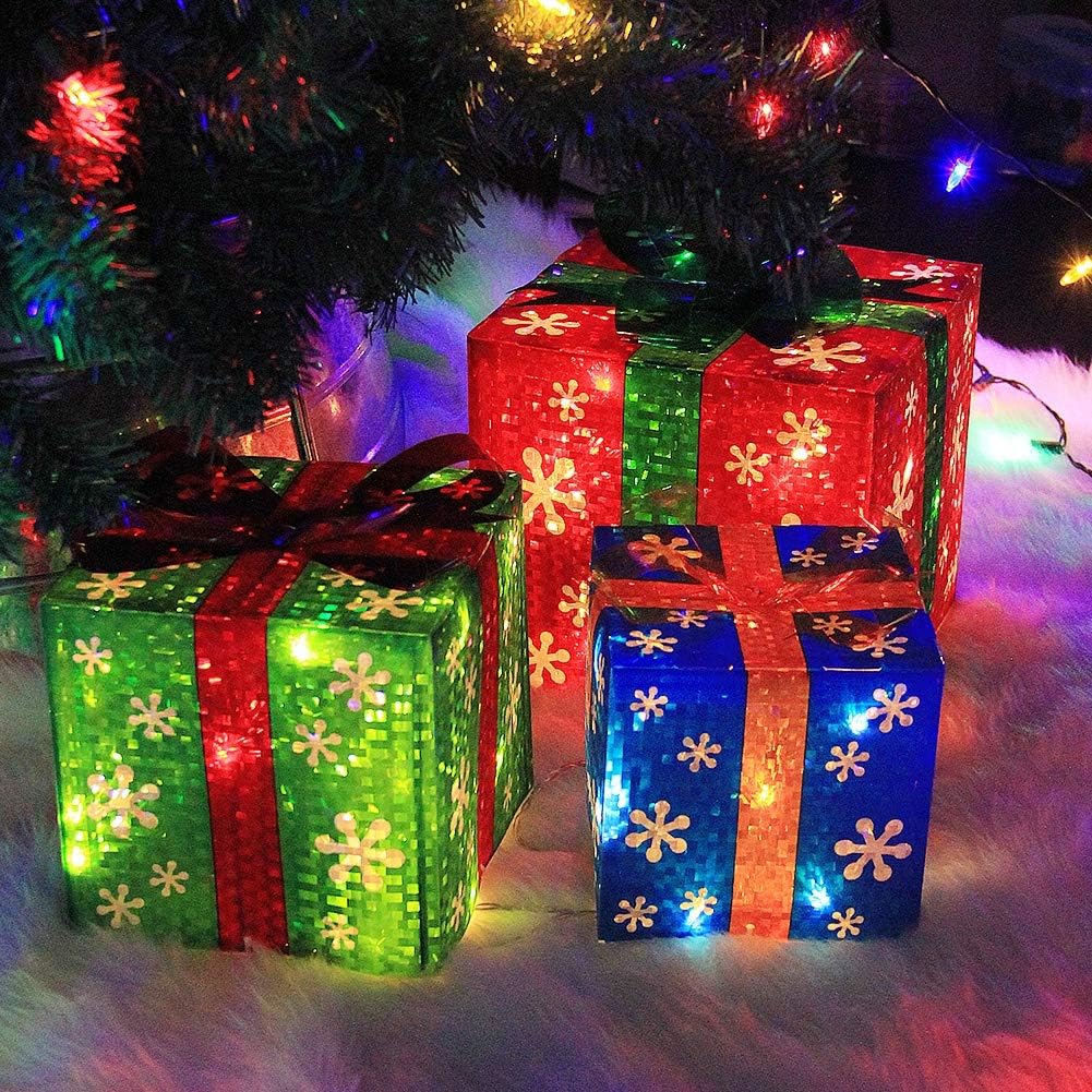 Festive Set of 3 Illuminated Christmas Gift Boxes - Red, Green & Blue Holiday Decor