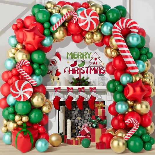 Ultimate Christmas Balloon Arch Kit - Festive 150-Piece Red, Green & Gold Garland with Candy Cane & Star Balloons for Unforgettable Holiday Celebrations!