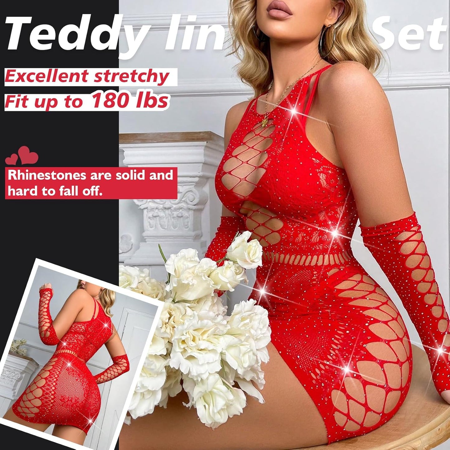 Sexy Lingerie for Women Naughty Rhinestone Sparkle Fishnet Lingerie Set Teddy Erotic Mesh Rave Outfit