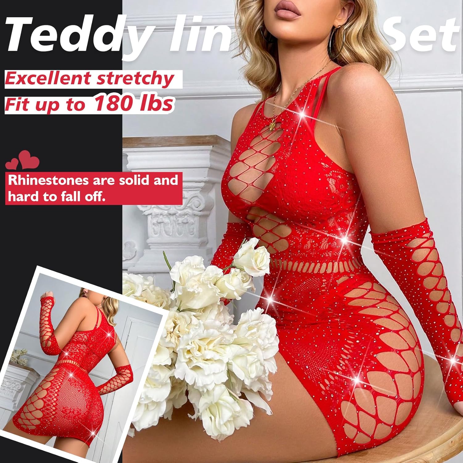 Sexy Lingerie for Women Naughty Rhinestone Sparkle Fishnet Lingerie Set Teddy Erotic Mesh Rave Outfit