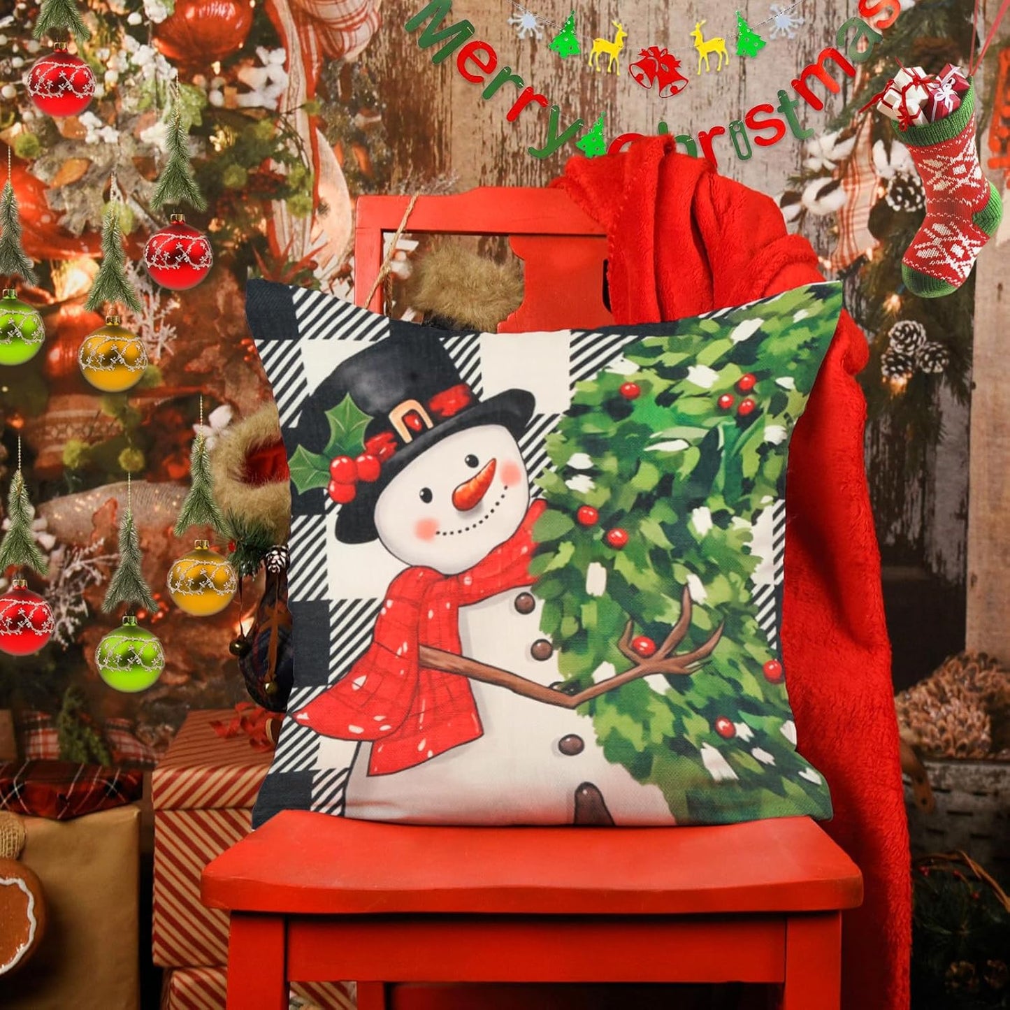 Transform Your Home This Holiday Season with Our Festive 18x18 Inch Christmas Pillow Covers - 4 Pack Featuring Cheerful Snowman, Santa, and Truck Designs for a Cozy Winter Wonderland