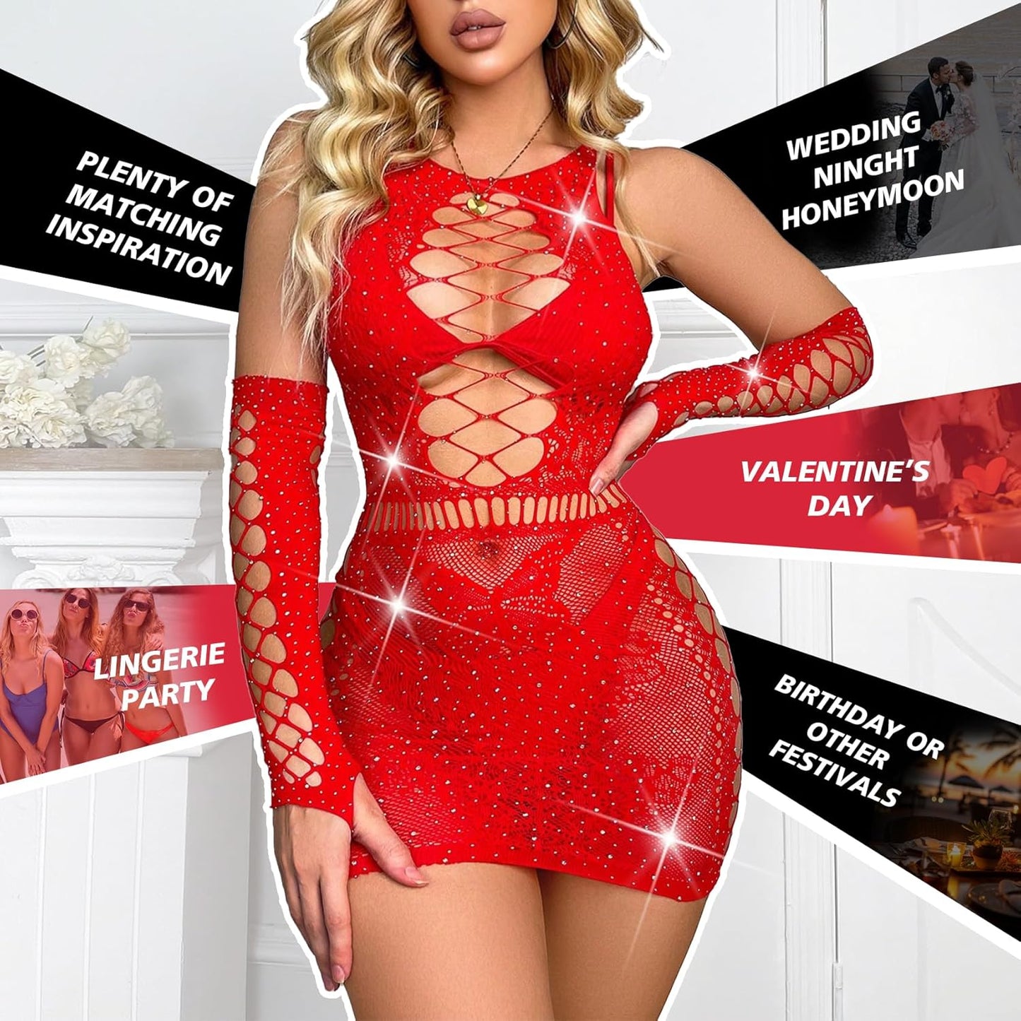 Sexy Lingerie for Women Naughty Rhinestone Sparkle Fishnet Lingerie Set Teddy Erotic Mesh Rave Outfit