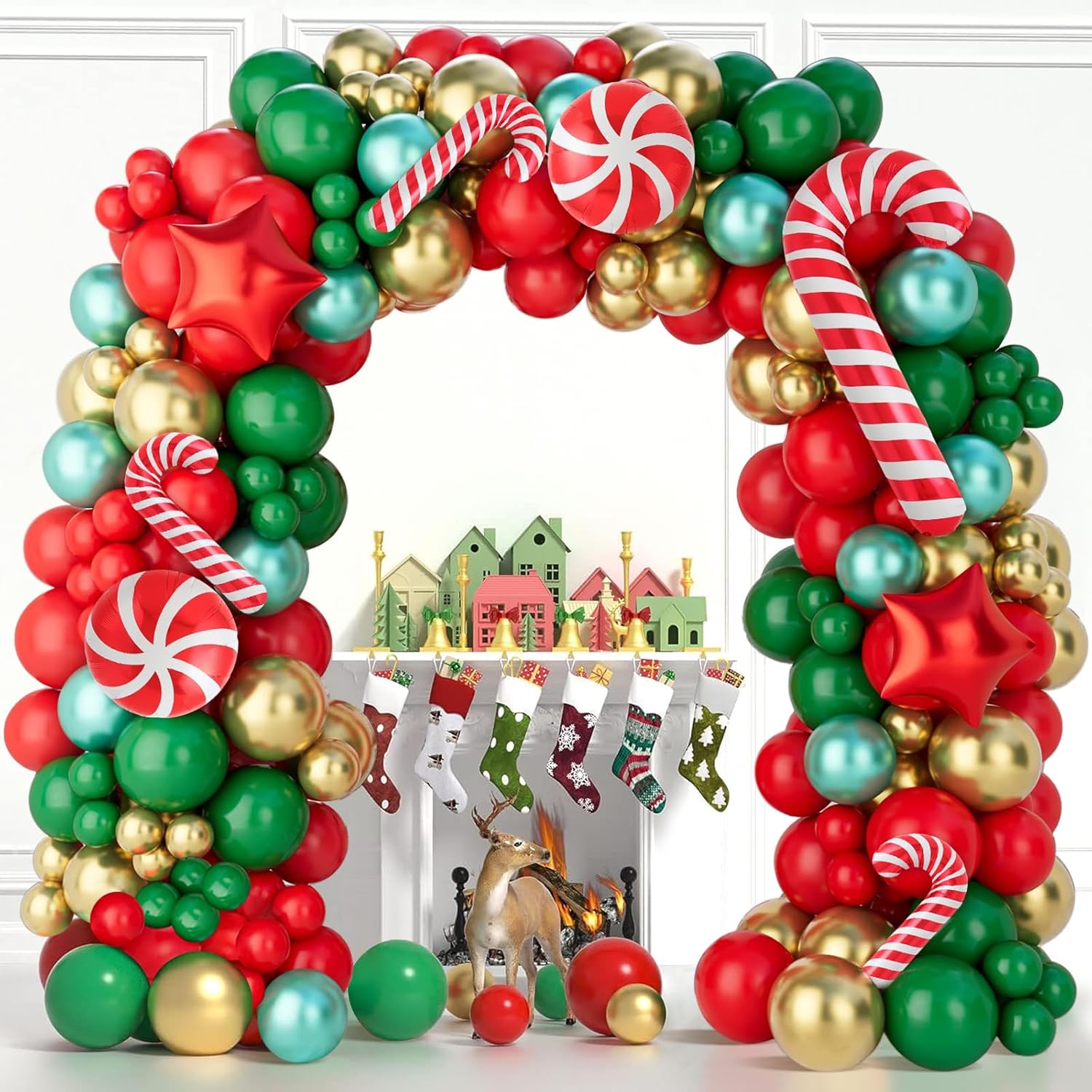 Ultimate Christmas Balloon Arch Kit - Festive 150-Piece Red, Green & Gold Garland with Candy Cane & Star Balloons for Unforgettable Holiday Celebrations!