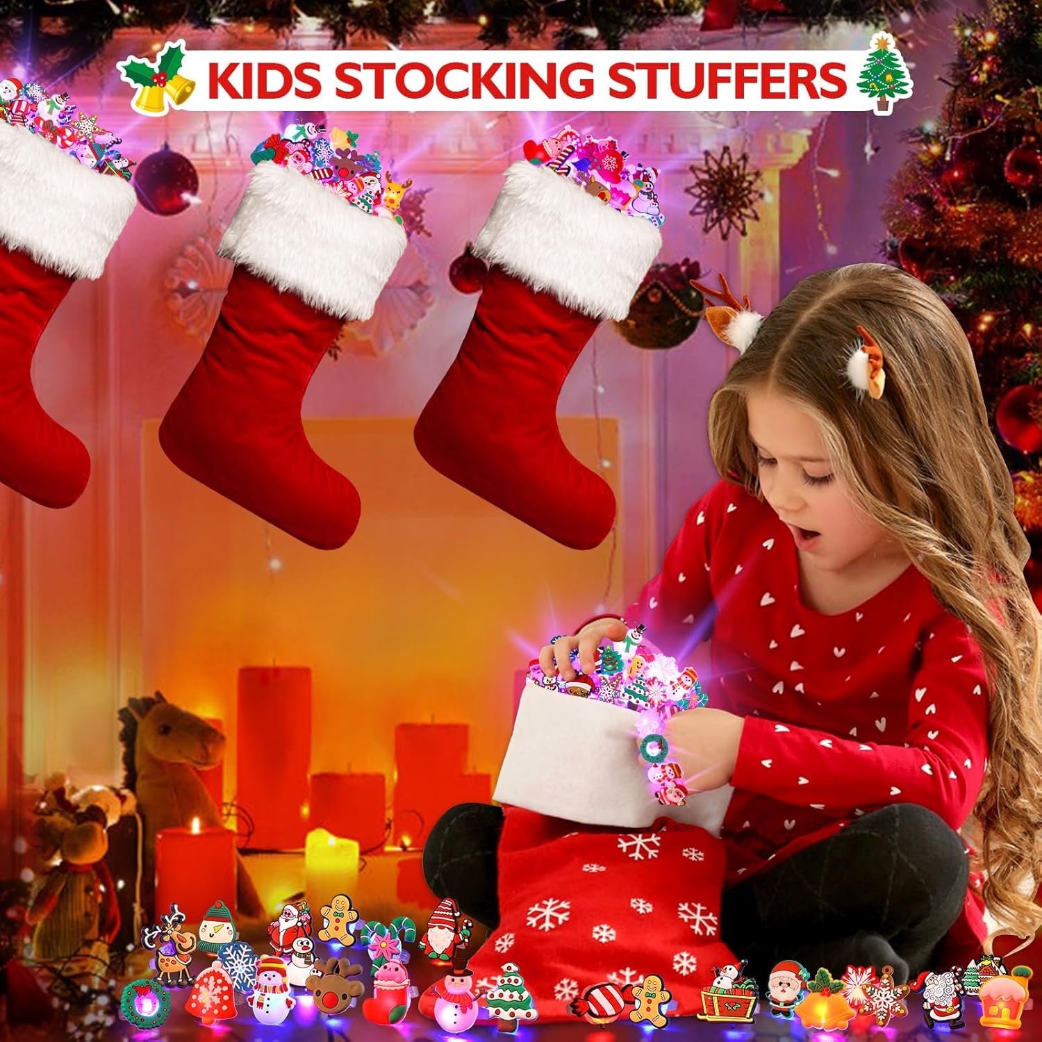 Christmas Stocking Stuffers for Kids - 50 Pcs LED Light Up Rings Party Favors That Glow in the Dark - Perfect Goodie Bag Fillers for Christmas Celebrations