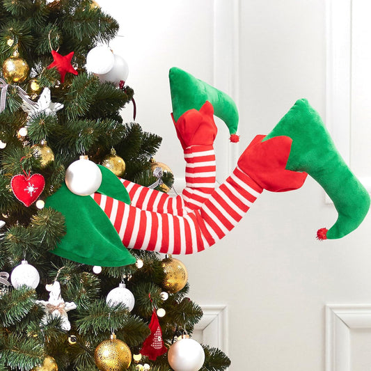 Festive 23” Christmas Elf Stuck Legs Tree Topper - Adorable Holiday Decor for Indoor and Outdoor Celebrations