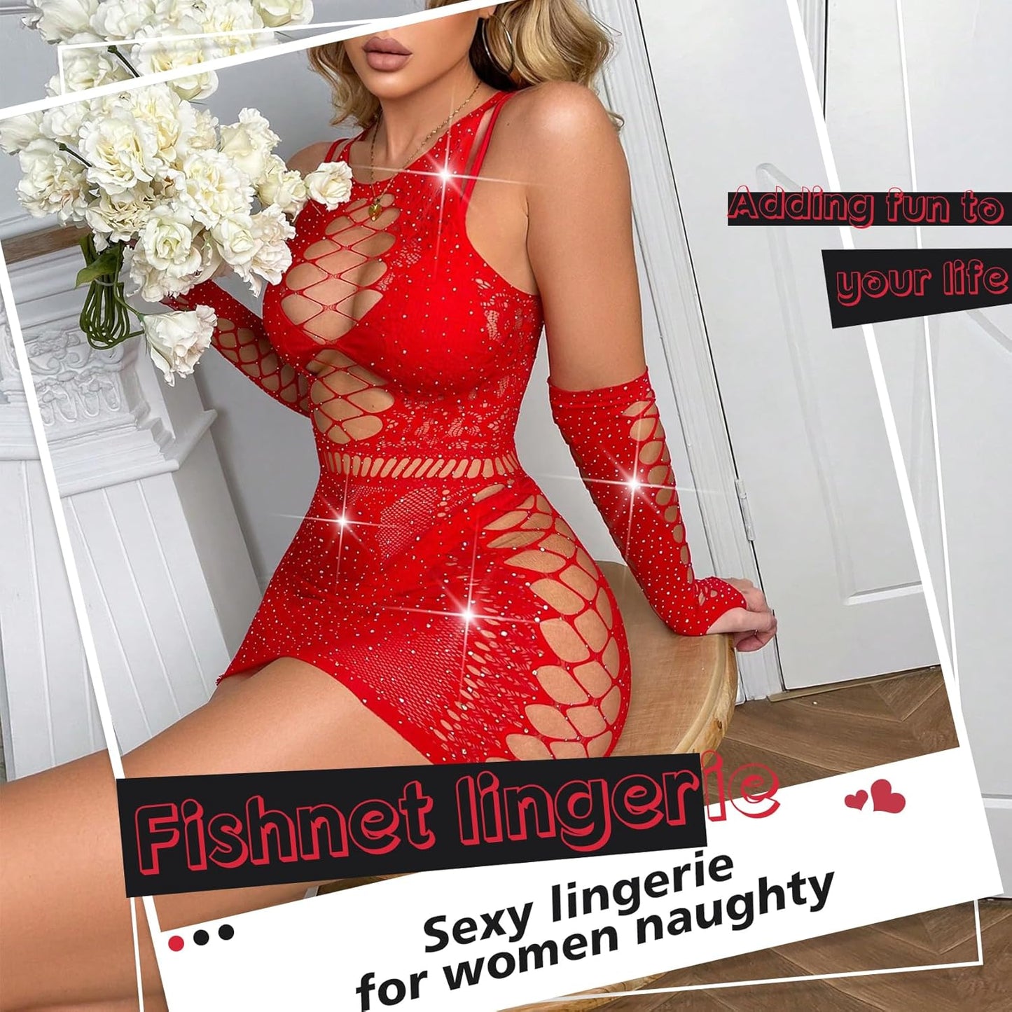 Sexy Lingerie for Women Naughty Rhinestone Sparkle Fishnet Lingerie Set Teddy Erotic Mesh Rave Outfit