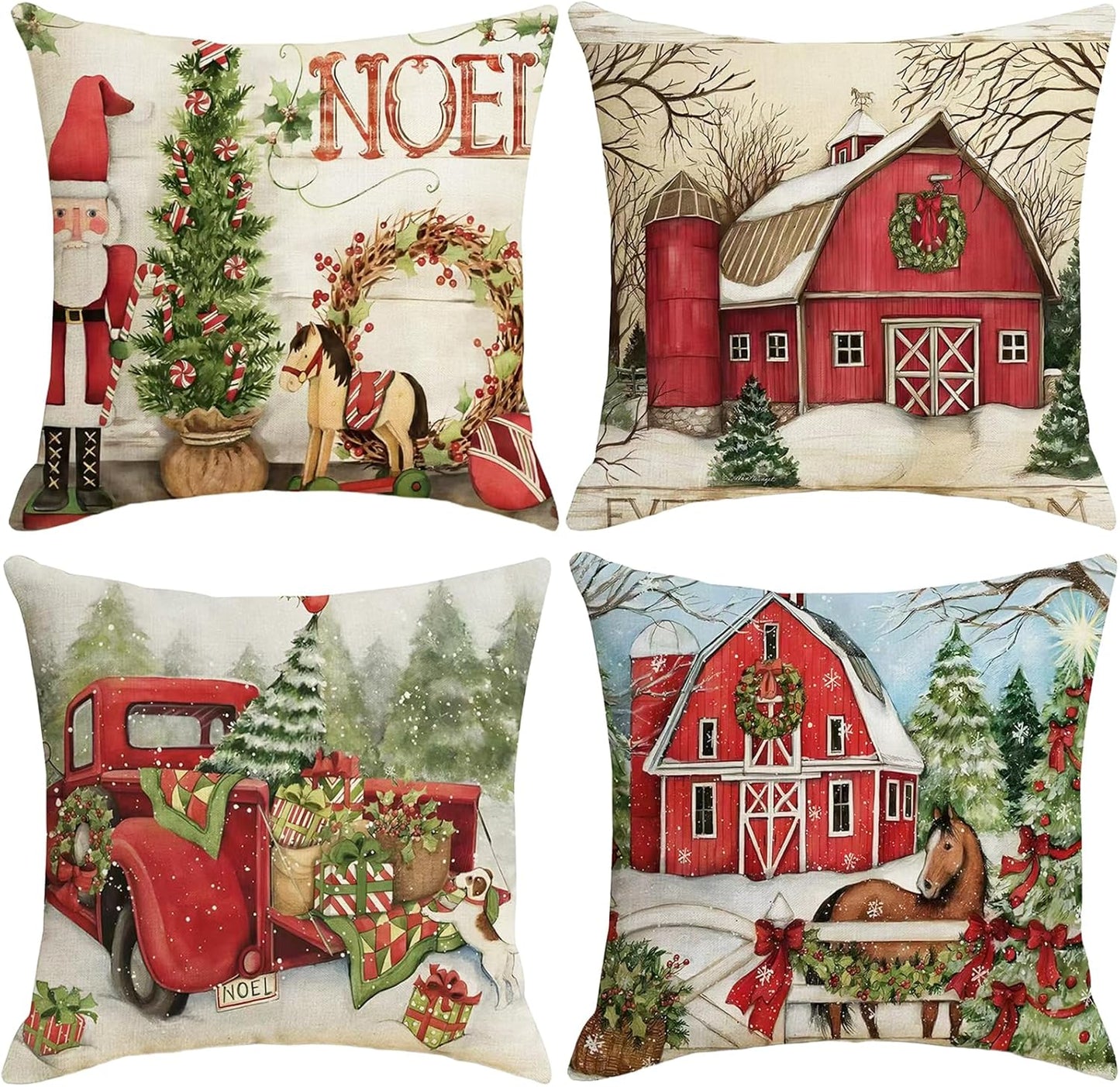 Transform Your Home This Holiday Season with Our Festive 18x18 Inch Christmas Pillow Covers - 4 Pack Featuring Cheerful Snowman, Santa, and Truck Designs for a Cozy Winter Wonderland