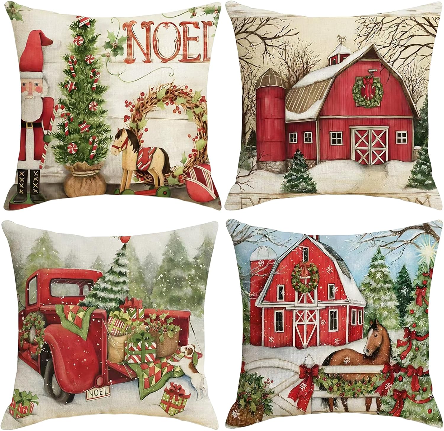 Transform Your Home This Holiday Season with Our Festive 18x18 Inch Christmas Pillow Covers - 4 Pack Featuring Cheerful Snowman, Santa, and Truck Designs for a Cozy Winter Wonderland