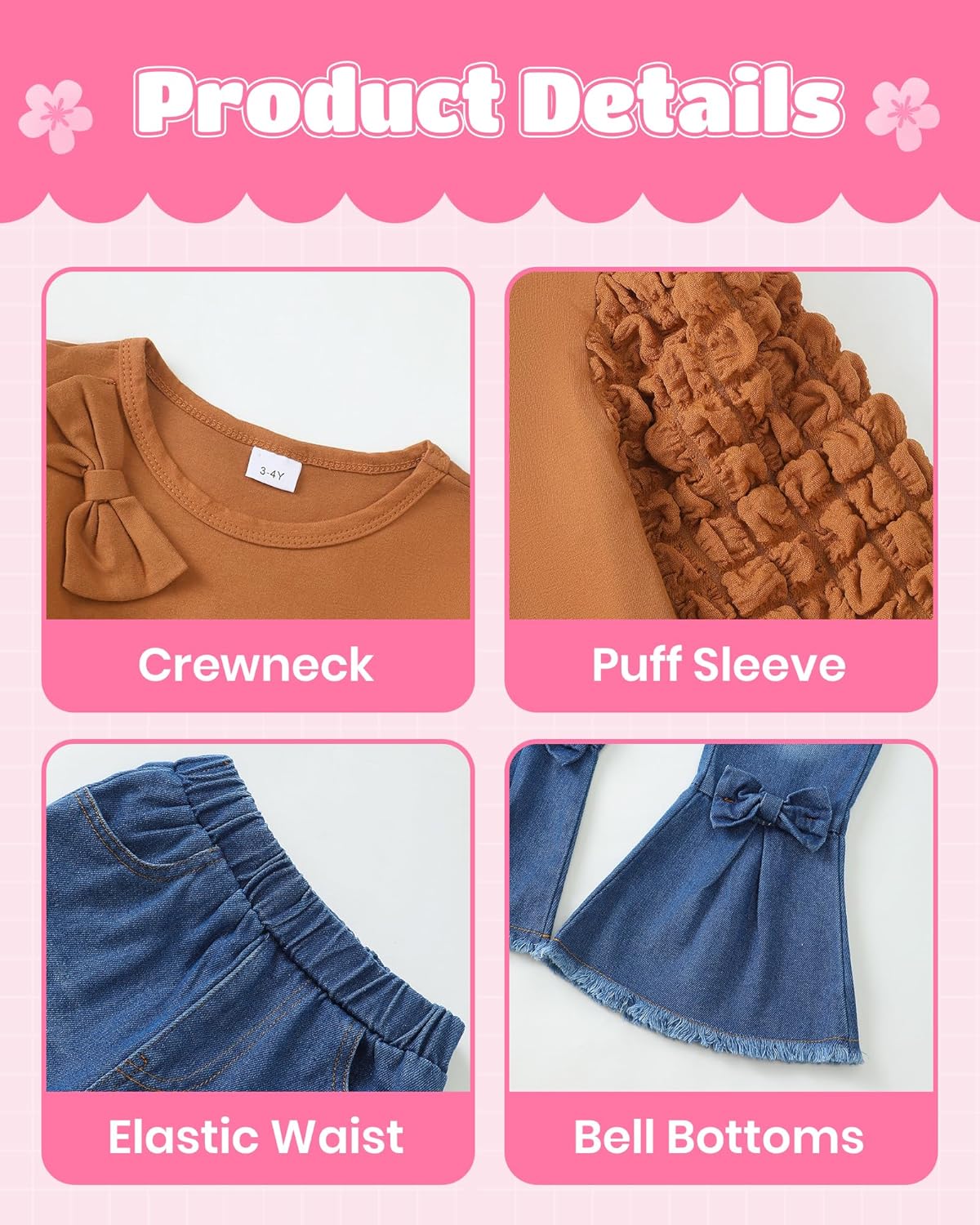 Toddler Girl Clothes Cute Kids Clothes Long Sleeve T Shirts Top Bell Bottom Denim Jeans Pants Matching Outfits