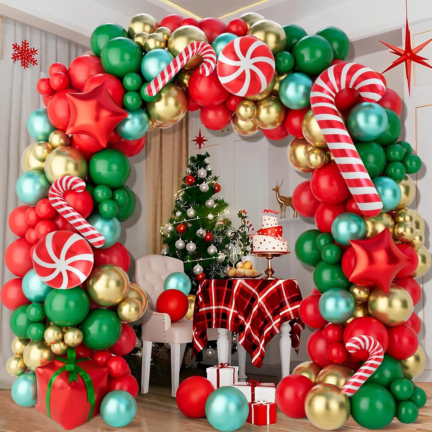Ultimate Christmas Balloon Arch Kit - Festive 150-Piece Red, Green & Gold Garland with Candy Cane & Star Balloons for Unforgettable Holiday Celebrations!