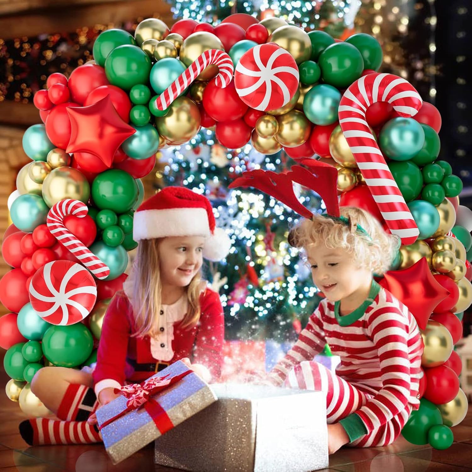 Ultimate Christmas Balloon Arch Kit - Festive 150-Piece Red, Green & Gold Garland with Candy Cane & Star Balloons for Unforgettable Holiday Celebrations!