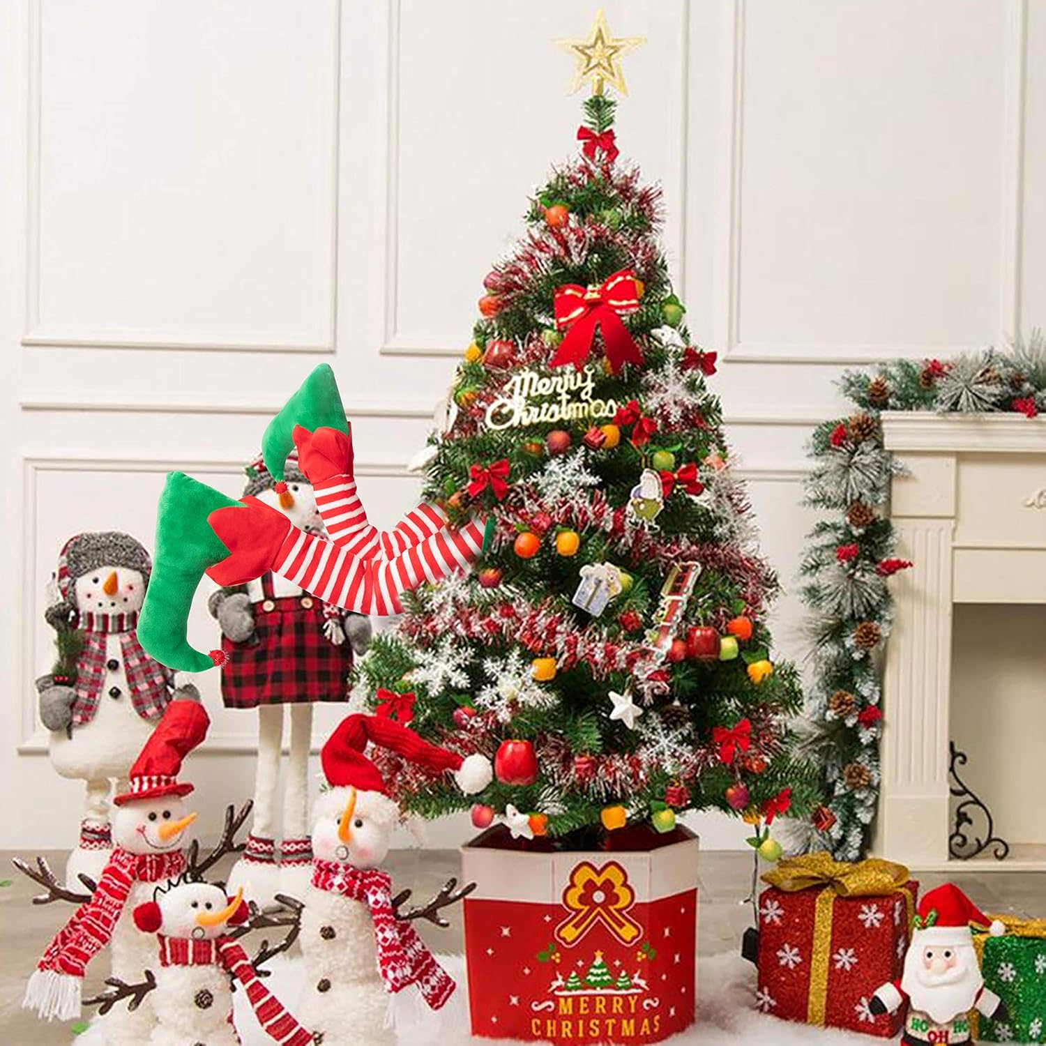 Festive 23” Christmas Elf Stuck Legs Tree Topper - Adorable Holiday Decor for Indoor and Outdoor Celebrations