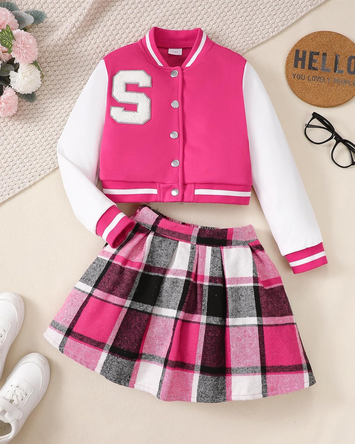 Girls 2 Piece Outfits Skirt Set Button up Jacket Sweatshirt and Pleated Mini Skirts Fall Winter Clothes Size 7-14Y