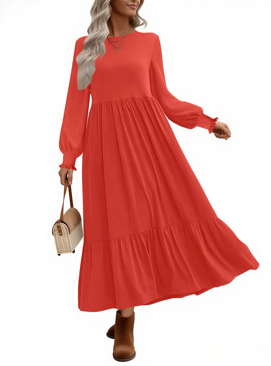 Fall Long Dress for Women Crewneck Casual Long Sleeve Pleated Dresses with Pockets